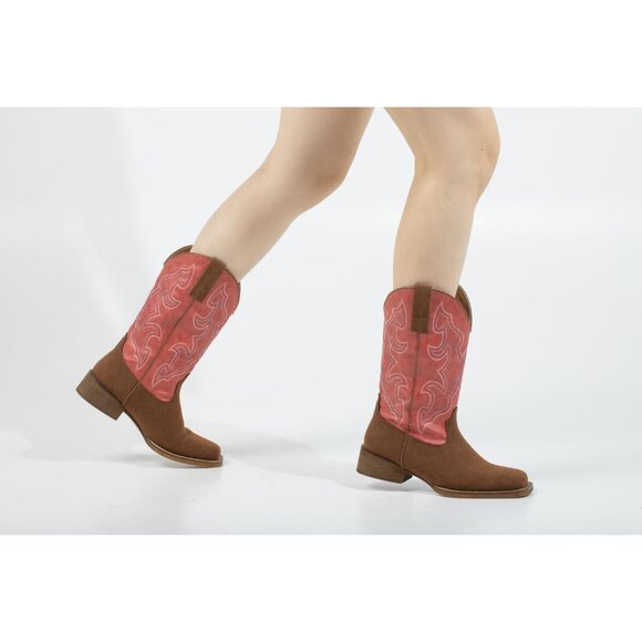 Square Toe Two-Tone Red Cowboy BootsCowgirl Western Riding Boots for Women - Picture 3 of 6